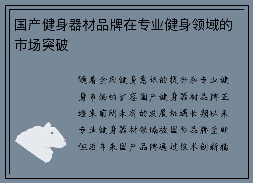 国产健身器材品牌在专业健身领域的市场突破