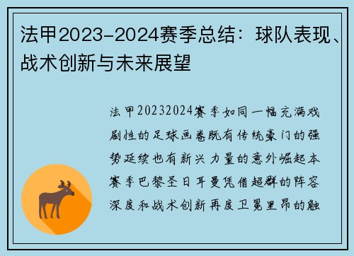 法甲2023-2024赛季总结：球队表现、战术创新与未来展望